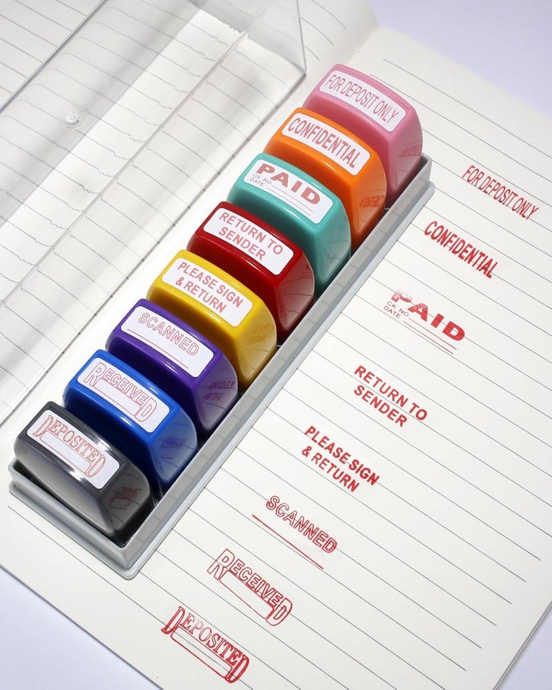 WAFJAMF Office Stamps Set 8-Pack Self-Inking Business Stamp for Office Document Reply Quick Work Info Handling Stamp with Storage Tray - Image 4